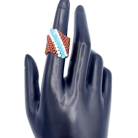 Bronze with White and Sky Blue Crystal Cellini Spiral Statement Ring Size 6 - Picture 6 of 6